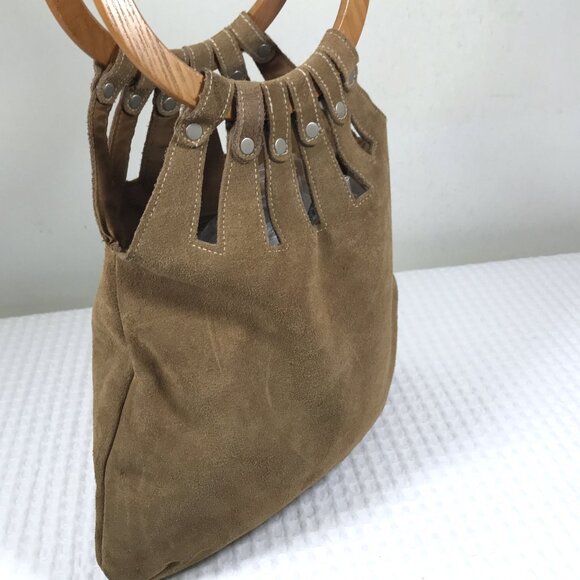 Vintage Suede Hobo Bag with Wooden Handle - Picture 4 of 9